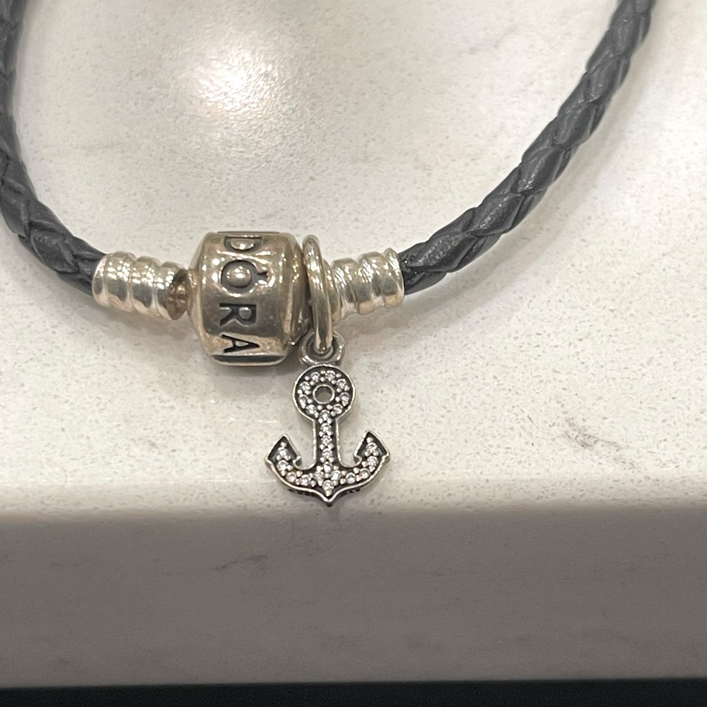 Pandora black leather braided anchor bracelet